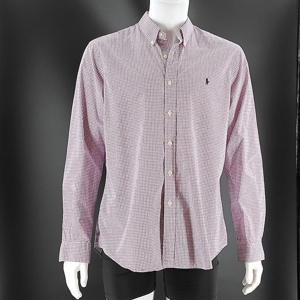 Polo Ralph Lauren Mens Large Red Blue Gingham Cotton Stretch Button Down Shirt